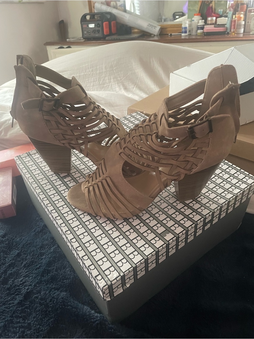 Shoe Dazzle Taupe Woven Cutout Block Heel Sandals